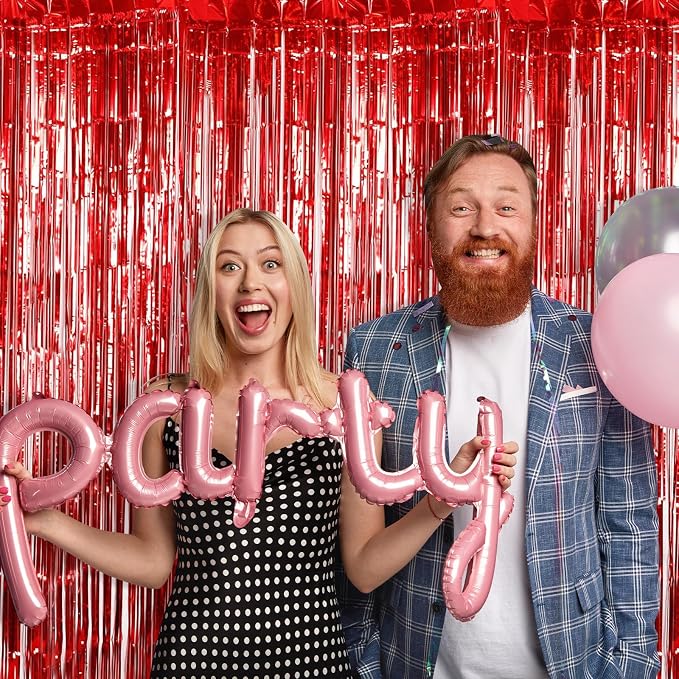 100 Pack Red Foil Fringe Backdrop Curtains 3.2ft x 8.2ft Tinsel Foil Fringe Curtains for Birthday Party Decorations Photo Booth Backdrop for Halloween Christmas New Year Holiday Decorations