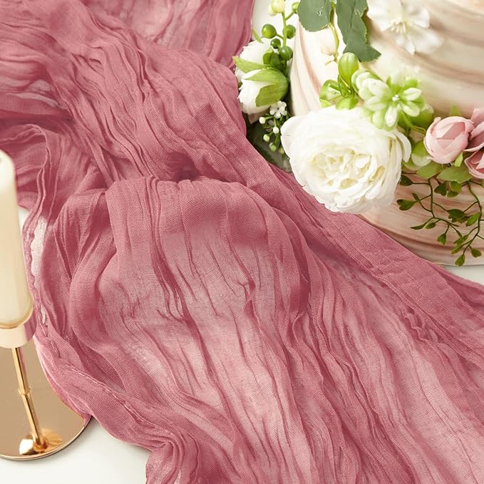 8 Pack 10Ft Table Runner 35x120 inch Dusty Rose Boho Gauze Table Cheese Cloth Long Wrinkled Sheer Table Runner for Wedding Bridal Shower Birthday Party Table Decor
