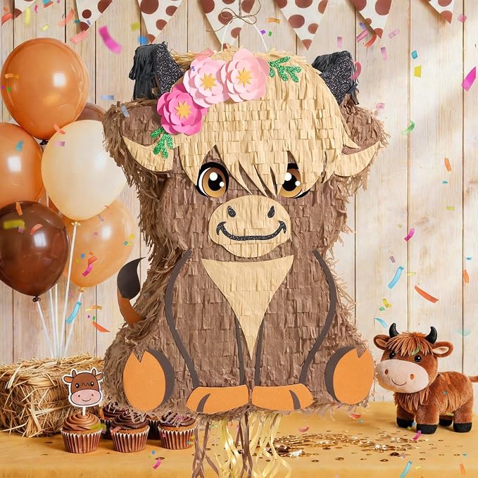 WERNNSAI Highland Cow Piñata - Scottish Cattle Piñata with Blindfold and Bat for Boys Girls Animal Farm Birthday Party Supplies Cute Floral Baby High Land Cow Country Party Favors Gifts Decor