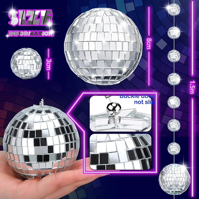 Sumind 8 Pack Disco Party Decorations Mini Disco Ball Garlands Silver Mirror Ball Hanging Banner Silver Streamer Curtains for Birthday Wedding Christmas Party Backdrop Supplies(1 Inch, 3 Inch)