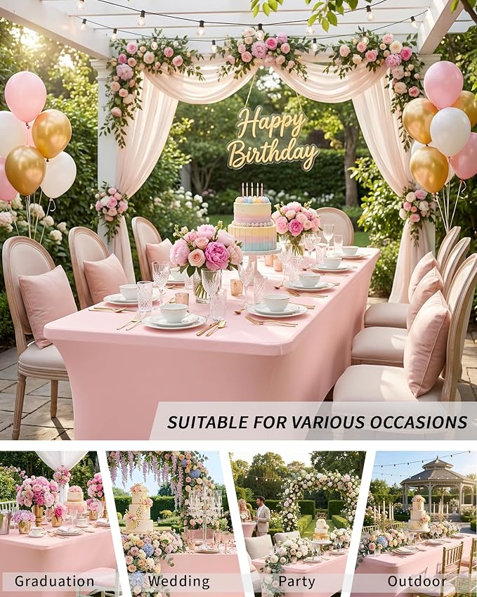 Fixwal Light Pink Stretch Table Cloth Rectangle 4 Pack 6Ft, Spandex Fitted Table Covers Washable for Party, Trade Show, Banquet, Wedding, Buffet