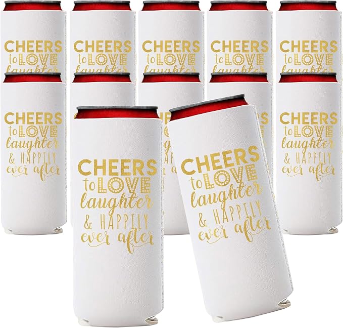Wedding Can Cooler Decorations Set of 12 - Cheers to Love Laughter and Happily Ever After, Wedding Rehearsal Dinner Decorations - Bridal Showers, Engagement Party Favors for Guests and Supplies