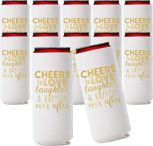 Wedding Can Cooler Decorations Set of 12 - Cheers to Love Laughter and Happily Ever After, Wedding Rehearsal Dinner Decorations - Bridal Showers, Engagement Party Favors for Guests and Supplies