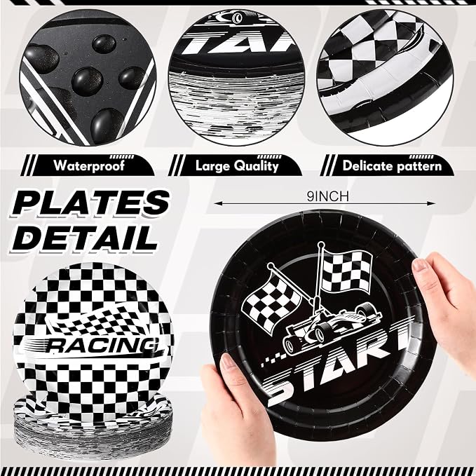Funnymoom 60 Pcs Race Car Birthday Party Decorations 9 Inch Checkered Flag Disposable Paper Plates Racing Themed Dessert Dinnerware for Birthday Baby Shower Home Party Supplies, 4 Style