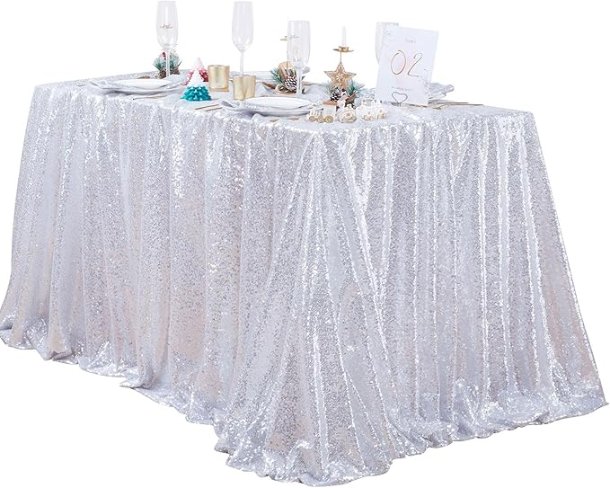 QueenDream Silver Sequin Tablecloth 90x90 Inch Gillter Table Cloth for Birthday Wedding Home Party Decorations