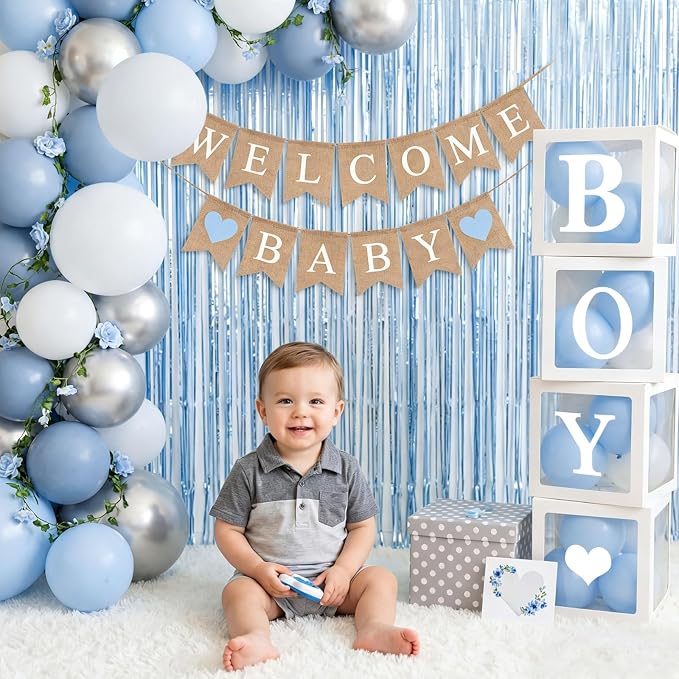 Gemscream 133 Pcs Baby Boy Shower Decorations Set, Burlap Banner, White Baby Boy Boxes, Light Blue Foil Curtains, Blue & White Garland, "Mom to Be" Sash & Balloon Arch Kit Gender Reveal Party Supplies