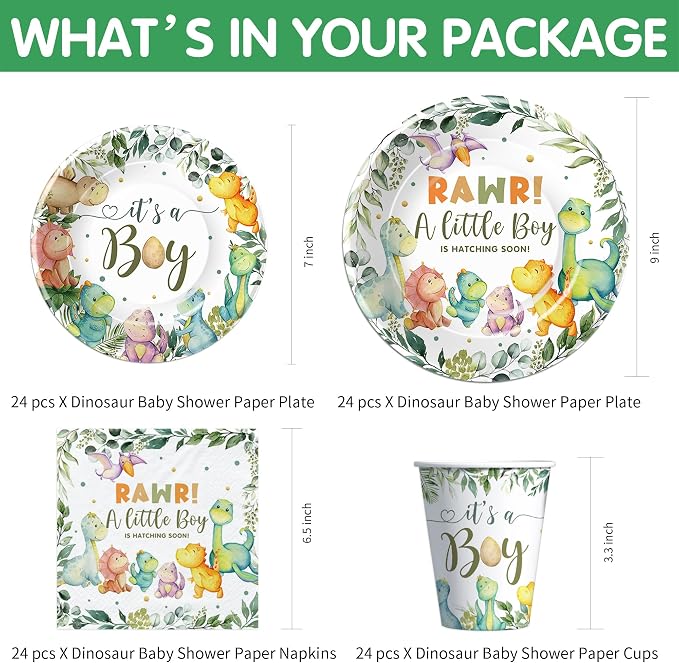 Dinosaur Baby Shower Decorations for Boy, Jungle Animal Dino Baby Boy Party Supplies, Dinosaur Theme Rawr It's a Boy Paper Plate, Napkin, Cup, Tablecloth, Cutlery, Banner, Swirls, Serves 24