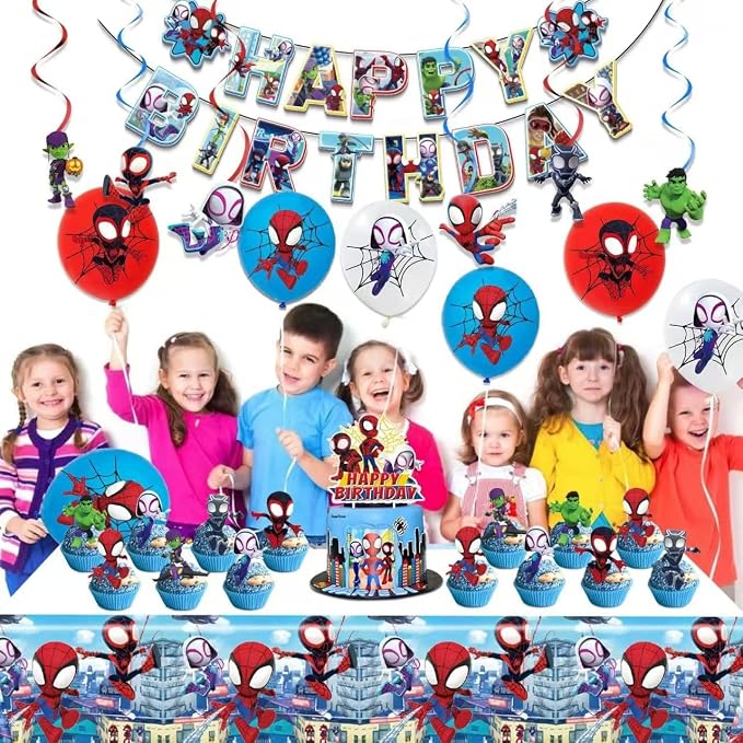 For Cartoon spidey themed birthday party supplies. These decorations include "Happy Birthday" banners, tableware, tablecloths, balloons, large and small skewers, and party-themed decoration sets.