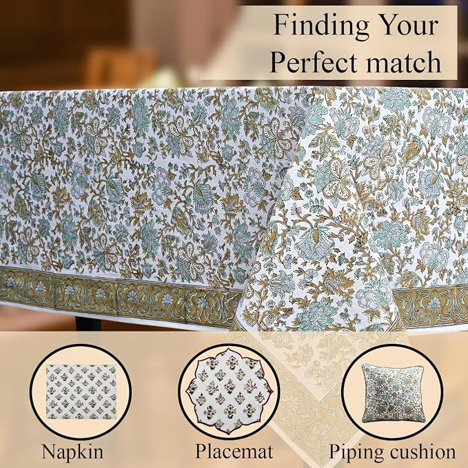 CPC Tablecloth 100% Cotton 80x120 Inch Indian Block Print Rectangle Table Cover, Blue Table Cloth for Weddings, Spring/Summer, Barbeque -Harvest Bloom