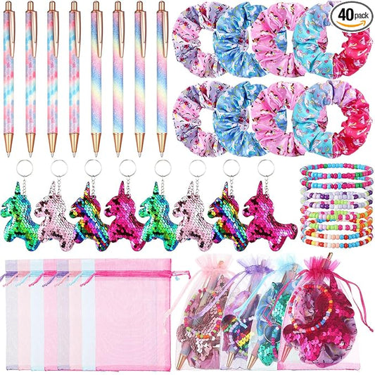 Honoson 40 Pcs Unicorn Party Supplies Unicorn Birthday Decorations Include 8 Glitter Pens 8 Shiny Scrunchies 8 Keychains 8 Bracelets 8 Goodie Bags for Piñata Supplies
