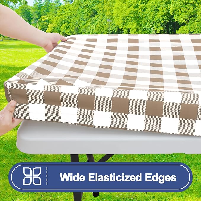Smiry Picnic Table Cloth 4 Pack, Waterproof Elastic Fitted Tablecloths for 8FT Rectangle Tables, Washable Polyester Buffalo Plaid Tablecloth for Camping, Dining & Outdoor (Khaki & White, 30" x 96")