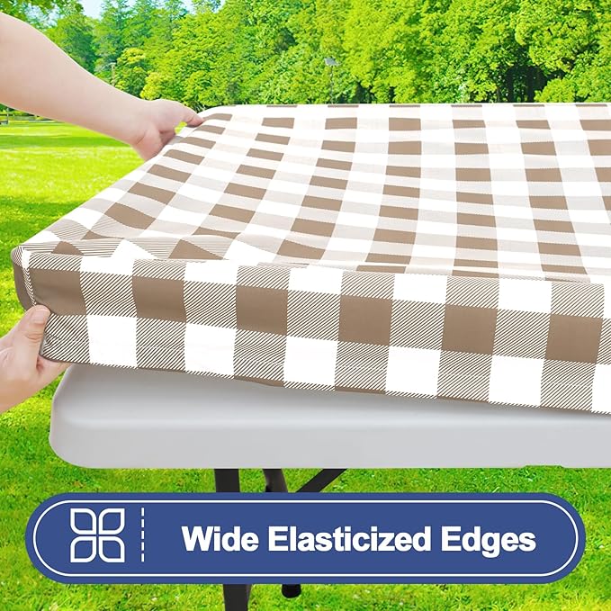 Smiry Picnic Table Cloth 4 Pack, Waterproof Elastic Fitted Tablecloths for 4FT Rectangle Tables, Washable Polyester Buffalo Plaid Tablecloth for Camping, Dining & Outdoor (Khaki & White, 30" x 48")