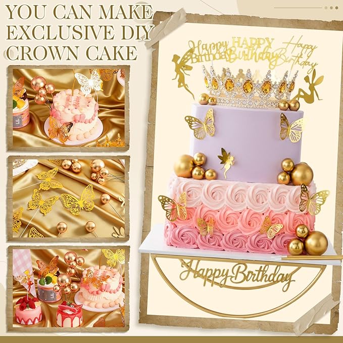 57Pcs 5.7'' Gold Crown Cake Topper Happy Birthday Cake Decoration with Crown Ball 3D Butterflies Birthday Candle Elf Sign Decor for Women Queen Anniversary Celebration Wedding Party Supplies