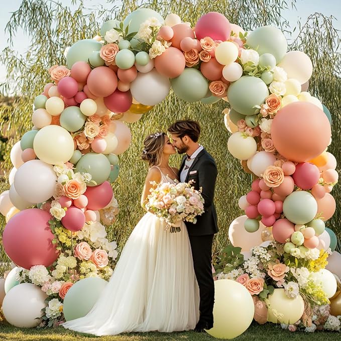 Dusty Pink Yellow Green Balloons Arch Kit, Double Stuffed Pastel Light Yellow Sage Green Peach Balloon Garland Ivory White Sand Color for Bear Wildflower Birthday Wedding Party Decorations