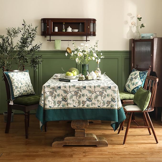 patdrea Vintage French Linen Tablecloth,Square,67"x67"-Noah | Heavyweight Floral Table Cloth for Square Table,Botanical Green Pattern,for Dining Room Tea Party Thanksgiving