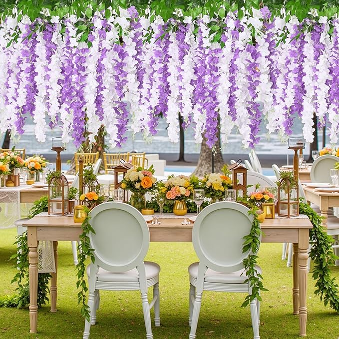48Pcs Artificial Wisteria Hanging Flowers, 3.6Ft/Pcs White & Purple Fake Wisteria Garland for Wedding Party Home Garden Indoor Outdoor Decoration