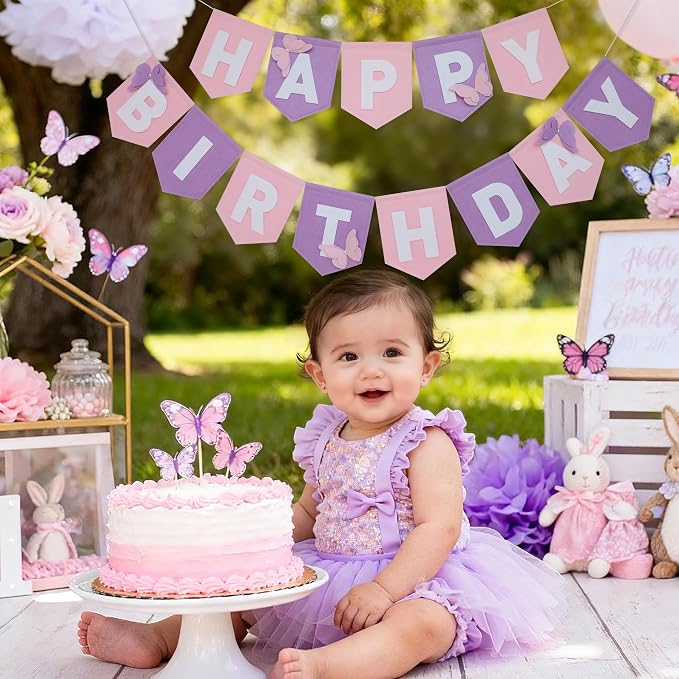 Felt Purple Pink Happy Birthday Banner Birthday Decorations for Women Girls Boys Men Pets Handmade Party Backdrop