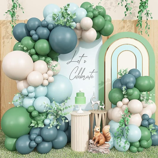Double Stuffed Dusty Blue Green Balloon Arch Kit, Boho Neutral Balloon Garland Kit Sage Dusty Green Slate Blue Teal Latex Balloons for Baby Shower Bridal Shower Dinosaur Birthday Party Decorations