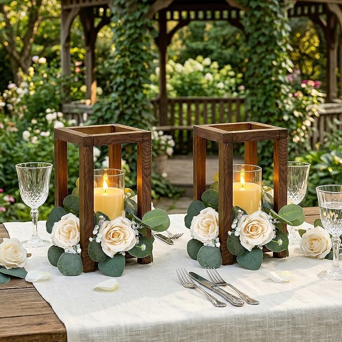 18 Pcs Wooden Lantern Centerpiece - Wedding Lantern with Roses Candles Rings LED Flameless Candles Rustic for Wedding Party Farmhouse Table Centerpieces Decor, Champagne Roses