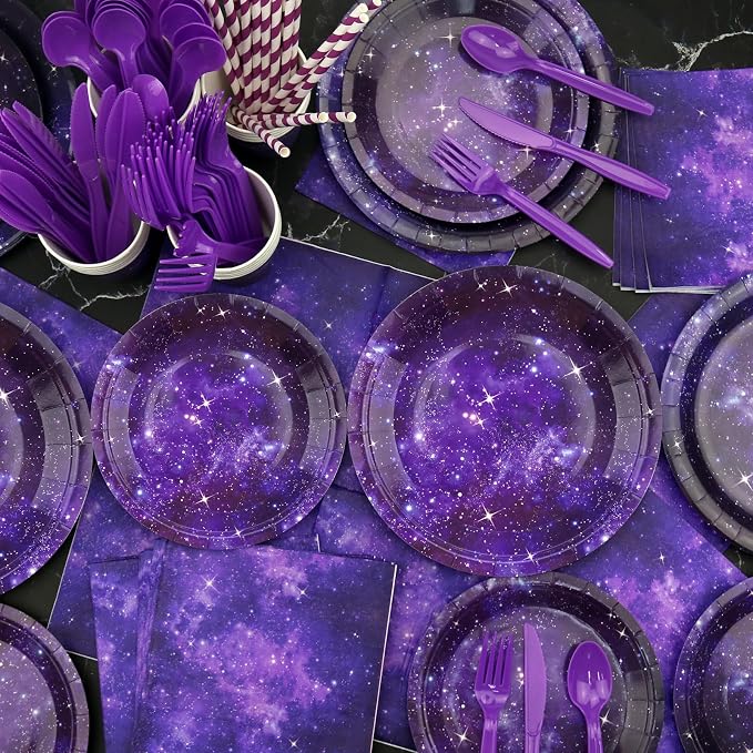Galaxy Theme Party Decorations, Space Galaxy Happy Birthday Banner, Balloons, Tablecloth, Cupcake Toppers, Foil Curtains, Plates, Cups, Napkins, Galaxy Outer Space Birthday Party Supplies, Serves 20