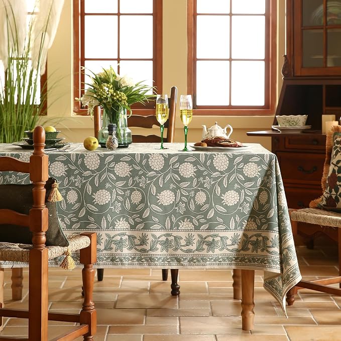 ISAENNE Designer Linen Green Rectangular Tablecloth,94"x63"-Andrew A | Vintage Elegant French Table Cloth Rectangle Table,Floral Pattern,Heavyweight,Dining Room,Tea Party,Kitchen,Thanksgiving