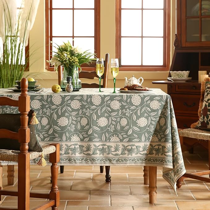 ISAENNE Designer Linen Green Rectangular Tablecloth,71"x55"-Andrew A | Vintage Elegant French Table Cloth Rectangle Table,Floral Pattern,Heavyweight,Dining Room,Tea Party,Kitchen,Thanksgiving