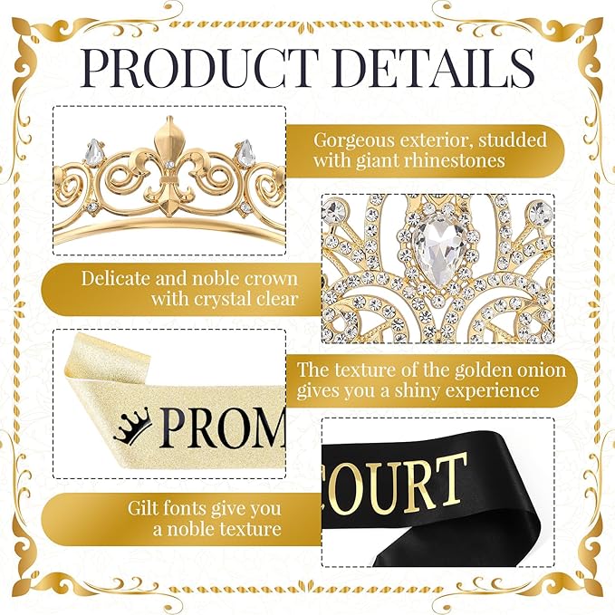 Saintrygo 12 Pcs Prom Crown and Sash Set, Prom King and Queen Tiara Rhinestone Crown Glitter Court Royal Satin Sash for 2026 Graduation Ball Dance Night Party Birthday Accessory(Gold,Stylish)