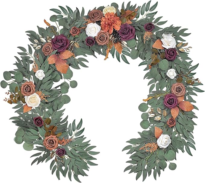 6Ft Burnt Orange Flower Garland, Fall Artificial Eucalyptus Garland with Flowers for Backdrop, Table Centerpiece, Fireplace, Rustic Wedding Arch Flowers, Bridal Shower Party Decor