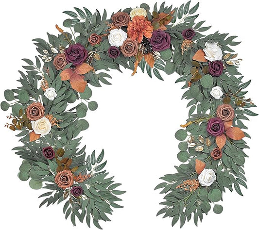 6Ft Burnt Orange Flower Garland, Fall Artificial Eucalyptus Garland with Flowers for Backdrop, Table Centerpiece, Fireplace, Rustic Wedding Arch Flowers, Bridal Shower Party Decor