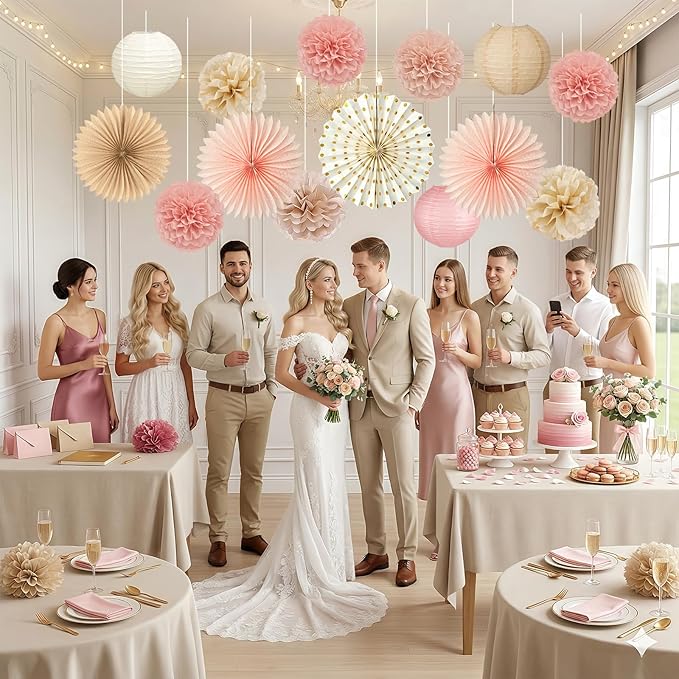 ADLKGG Champagne Gold Pink Party Decorations, 14 Pcs Hanging Paper Fans, Lanterns, Pom Poms, Neutral Boho Backdrop for Baby Shower, Birthday, Bridal Shower, Wedding, Spring Party