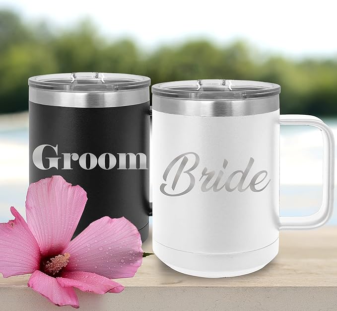 My Personal Memories Bride and Groom Insulated Travel Tumbler Set of 2 - Engraved To Go Cup Gift for Wedding, Rehearsal Dinner Party, Honeymoon, Reception (15 oz Coffee Tumbler Set)