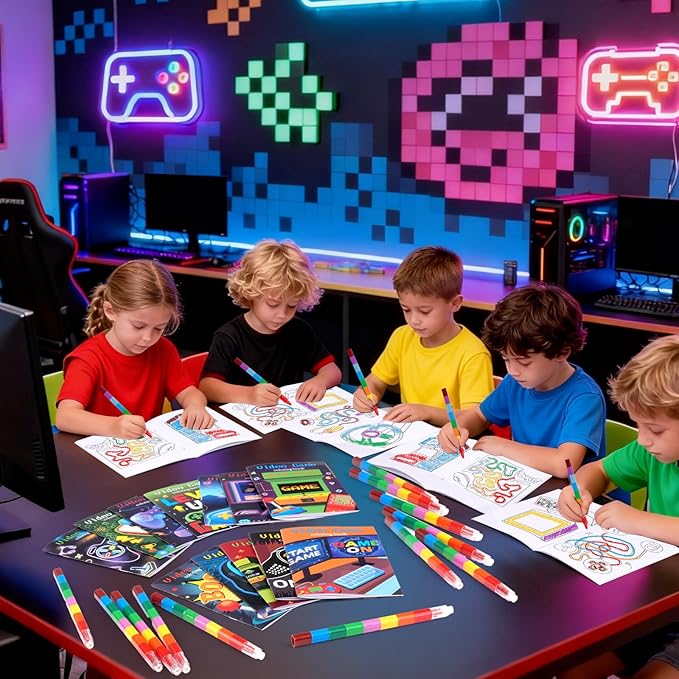 BenLouis 24 Video Game Mini Coloring Books Kids with 24 Stacking Crayons Gaming Party Favors Activity Books Bulk for Kids Boys Neon Game Level Up Goodie Bag Gift Stuffer Classroom Reward