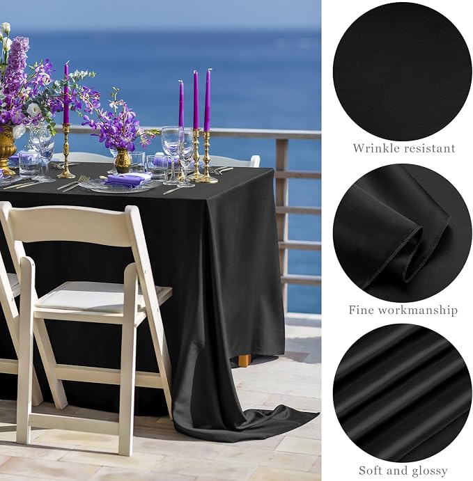 TURSTIN 8 Packs Black Satin Tablecloth 102 x 58 Inch Overlay Satin Table Cover Rectangle Bright Silk Tablecloth Smooth Fabric Table Decoration for Wedding Banquet Party Events
