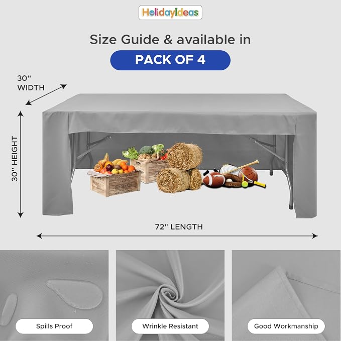 HolidayIdeas 4-Pack 6ft Open Back Fitted Tablecloths for Craft Shows Silver Gray