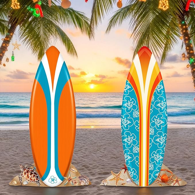 2 Pcs Summer Surfboard Prop Decoration 3.9 ft Large Surfboard Cardboard Cutout Life Size Beach Photo Booth Prop Tropical Outdoor Yard Sign for Surfing Swimming Hawaiian Luau Bar Supplies