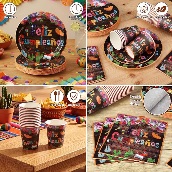 168 Pcs Mexican Birthday Party Supplies Fiesta Party Supplies Cinco De Mayo Taco Plates and Napkins Mexican Birthday Tableware Sets Serves 24