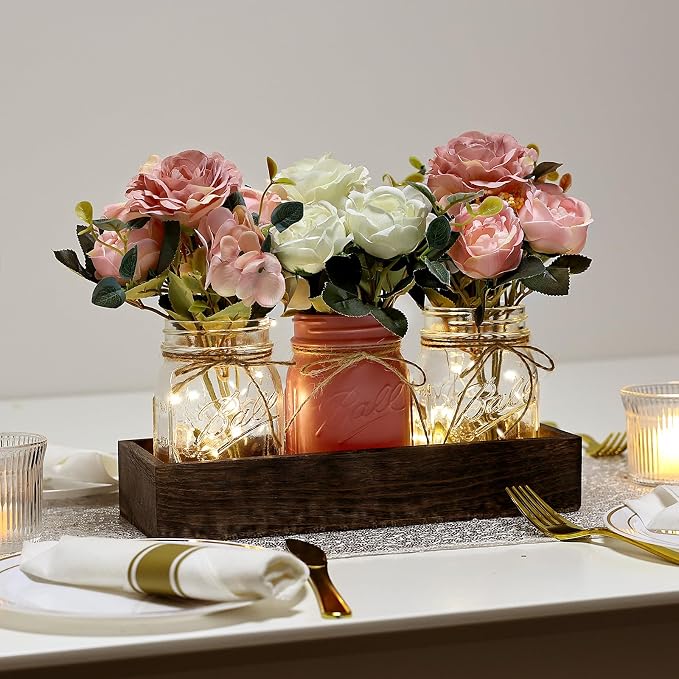 Mason Jar Centerpiece Pink White Kitchen Table Decor with Lights | 3 Piece Farmhouse Coffee Table Decor with Fake Flowers Wood Tray for Living Dining Room Bathroom Wedding Outdoor Decoration