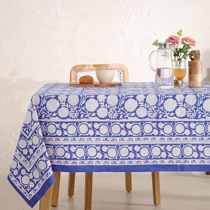 Hand Block Printed Tablecloth, Colorful Floral Print, Indian Artisan Handmade Art, Dining Room, Kitchen, Outdoor Décor, (Cloudy Blue Grace, 12 Seater 72 x 135 Inches Rectangle)
