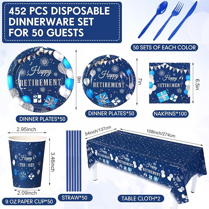 Funnymoom 452 Pcs Retirement Party Decorations Supplies Set Include Blue Silver Retirement Paper Plates Napkins Cups Tablecloth Cutlery Straws for Men Women Say Goodbye Party