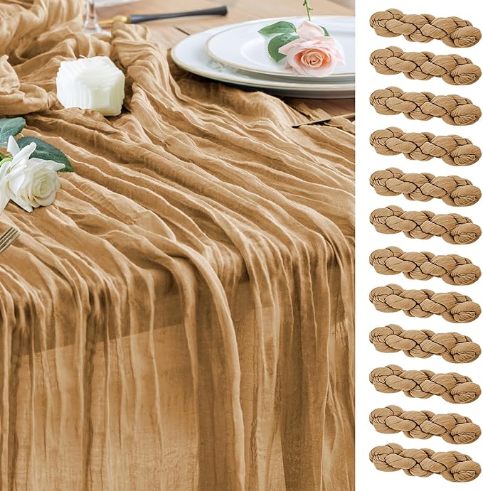 Wokceer Cheesecloth Table Runner 12Pack 10FT Khaki Boho Gauze Cheese Cloth Table Runner for Party Long Rustic Sheer Table Runners for Baby Bridal Shower Wedding Easter Table Decor