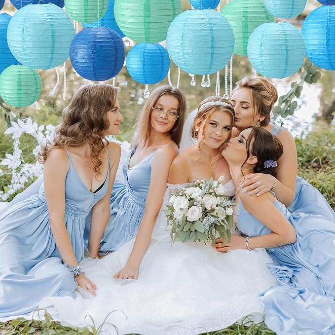 Treela 48 Pcs Paper Lanterns Party Decorations Chinese Round Paper Decor 4/6/8/10 Inch Asian Hanging Lamps Decorative for Birthday Party Wedding Bridal New Year Valentine Day Supplies(Blue Series)