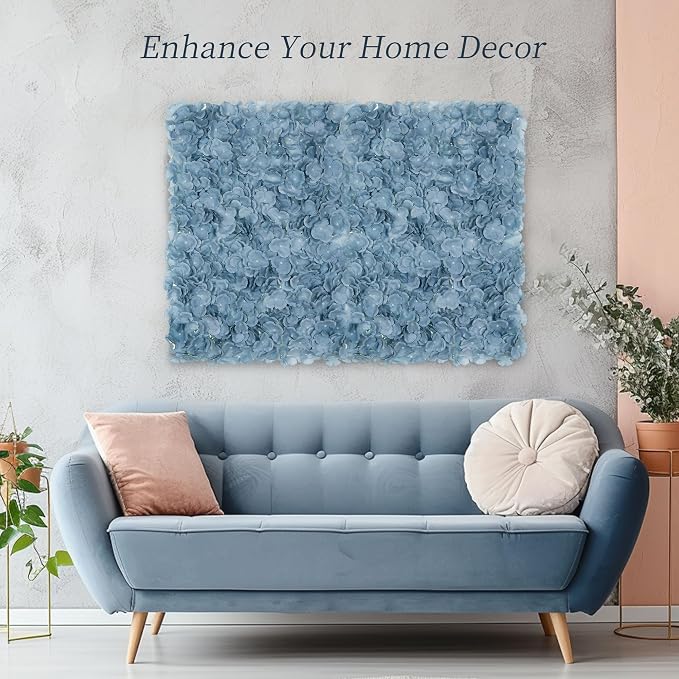 BLOSMON Flower Wall Panel Backdrop - 12 Pcs 24 x 16 Inch Dusty Blue Artificial Hydrangea Floral Backdrop for Wedding Party Baby Bridal Shower Decor, Hanging Fake Silk Hydrangea Wall DIY Decoration