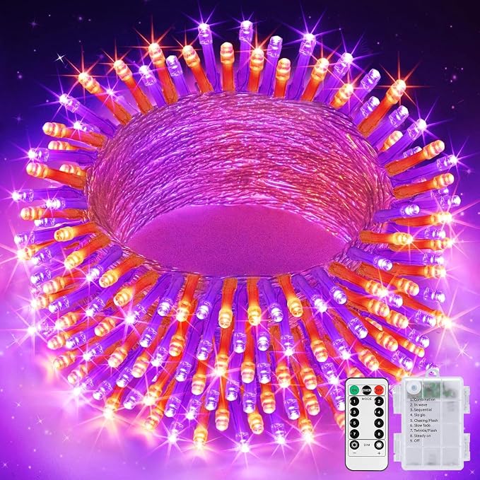 JMEXSUSS 33FT 100 LED Orange and Purple Halloween Lights, Battery Operated Halloween Lights with Remote, 8 Modes String Lights Indoor Outdoor for Room House Porch Tree Yard