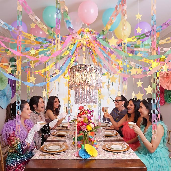 Blueweenly Fancy Princess Birthday Party Decorations Paper Chain Garland Strip Ceiling Party Classroom Decor Crepe Streamer Glitter Star Chandelier Balloons for Wedding Birthday(Macaron,Small,8 Pcs)