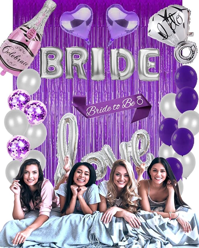 Bachelorettesy 28pc Bachelorette Party Decorations Kit for Bride to Be, Bridal Shower Decorations, Engagement Party – Balloons, Sash, Foil Backdrop Curtain (Purple)