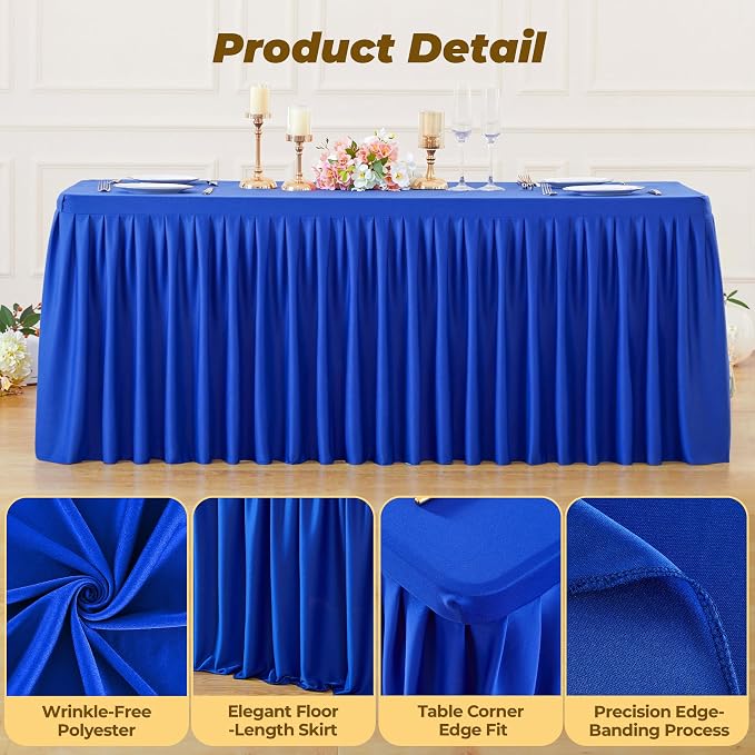Royal Blue Polyester Table Cloths for Rectangle 6 Foot Tables, 1 Pack Wrinkle Free Tablecloths Stretchy Banquet Ruffle Fitted Table Cover Desk Skirt for Parties Wedding Birthday Baby Shower