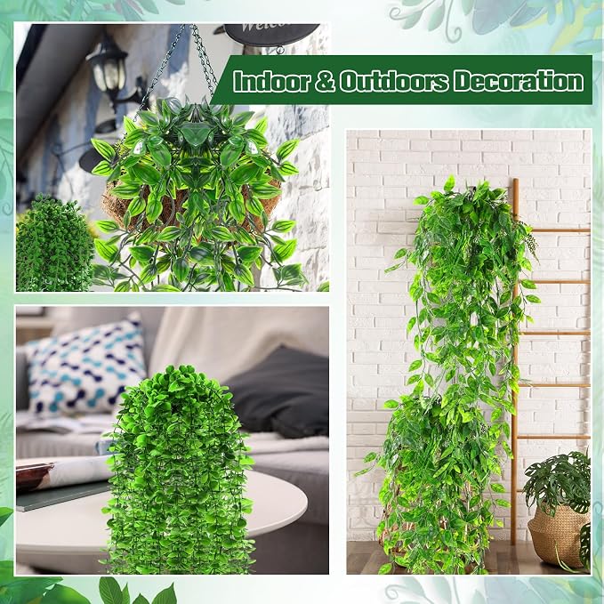 Daifunli 12 Pcs Artificial Hanging Plants Fake Hanging Ferns Plastic Faux Plants for Wall Room Garden Garland Indoor Outdoor Decor No Basket (Eucalyptus,Mandala,String of Pearls,Pea)