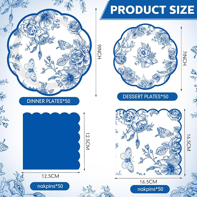 Funnymoom 200 Pcs Blue White Floral Party Tableware Flower Birthday Disposable Paper Dinner Dessert Plates Blue Floral Napkins for Baby Shower Bridal Shower Wedding Party Family Holiday 50 Guests