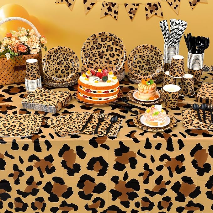 Funnymoom 452 Pcs Leopard Print Party Decoration Cheetah Print Paper Plates Napkins Cups Tablecloth Cutlery Straws Tableware for Jungle Safari Animal Theme Birthday Baby Shower Party Supplies Serve 50
