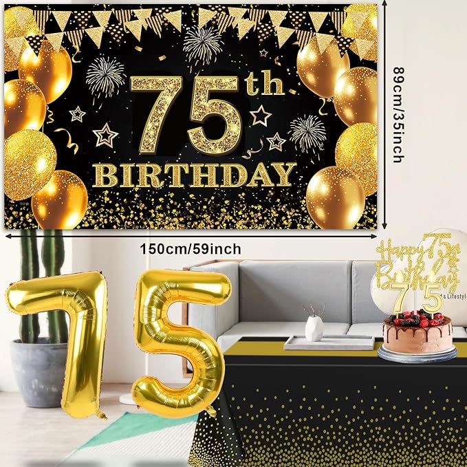 75th Birthday Decorations Men Women with 75th Birthday Banner, Black and Gold Table Cloth, Number Balloons, Large Sash, Cake Topper and Candles